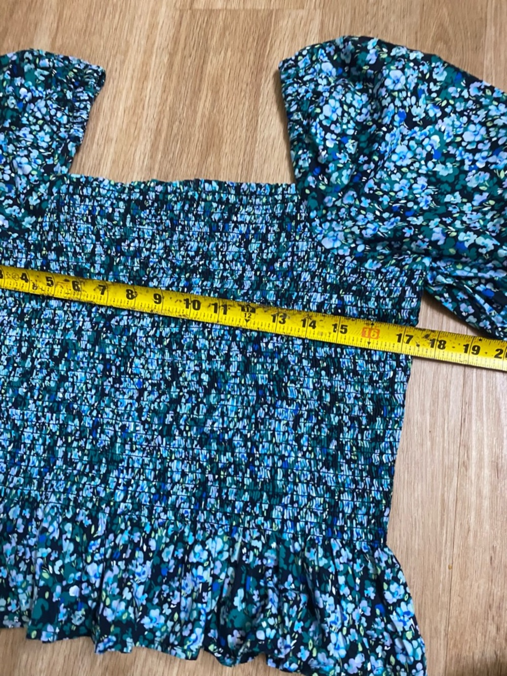 J. Crew Teal and Black Floral Smocked Peplum Blouse - Picture 5 of 6